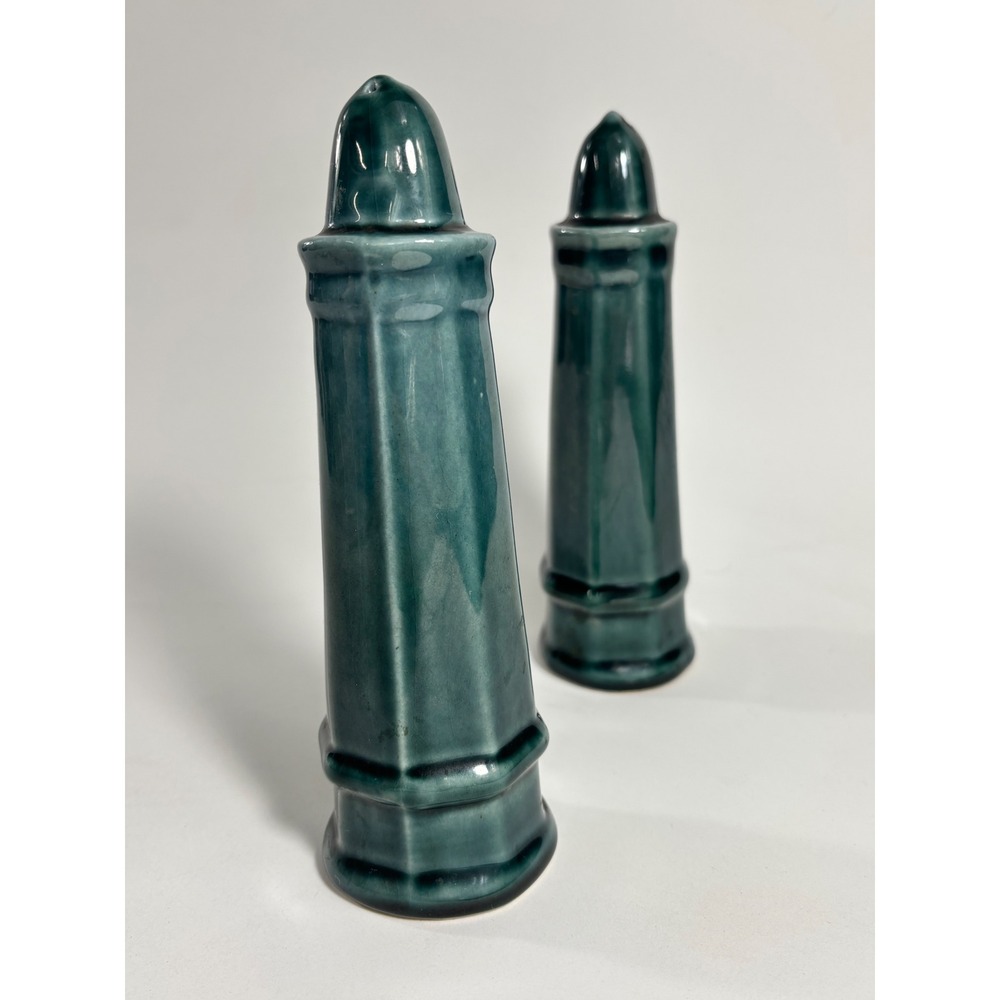 Clover Vintage Teal Ceramic Salt and Pepper Shakers Tall Tapered Lighthouse Set